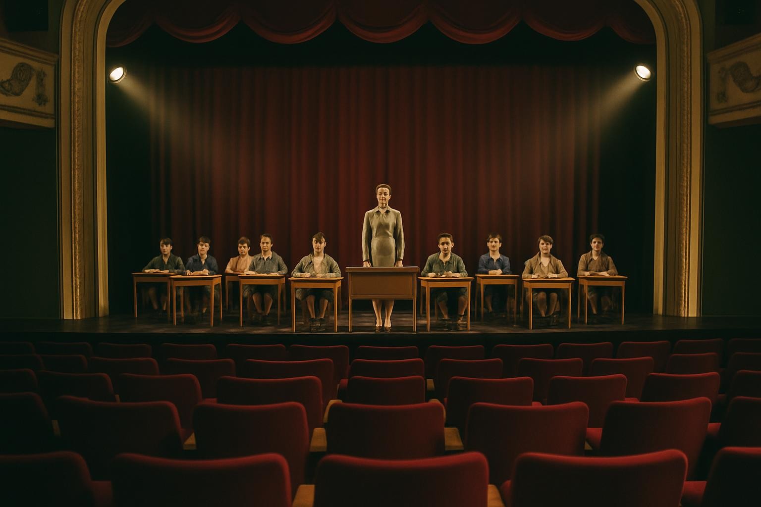 Light beams shining through slightly opened red curtains in a classroom with empty desks and chairs