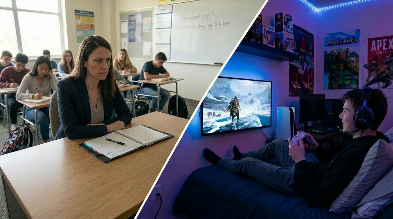 Classroom desk with teacher's nameplate and gaming desk with player and RGB keyboard
