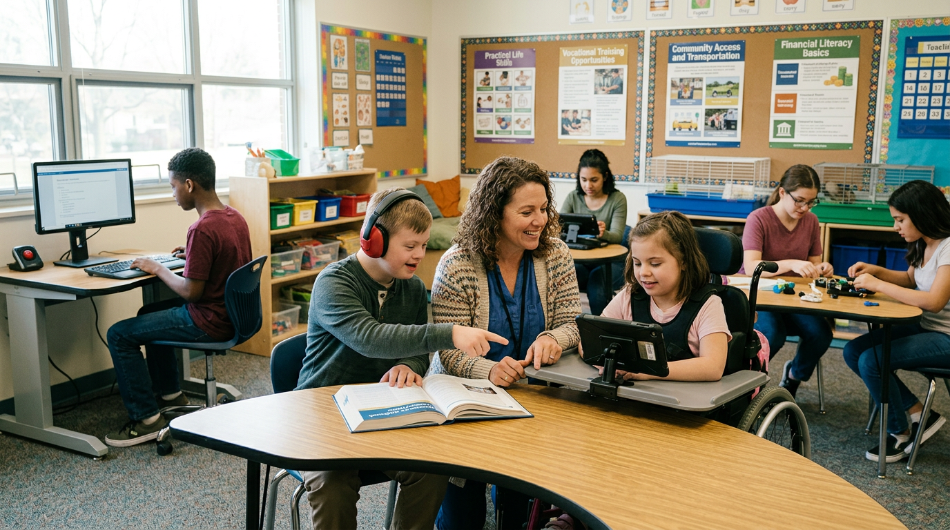 Teacher and diverse students including a girl in a wheelchair using a tablet and a boy with headphones reading at a table