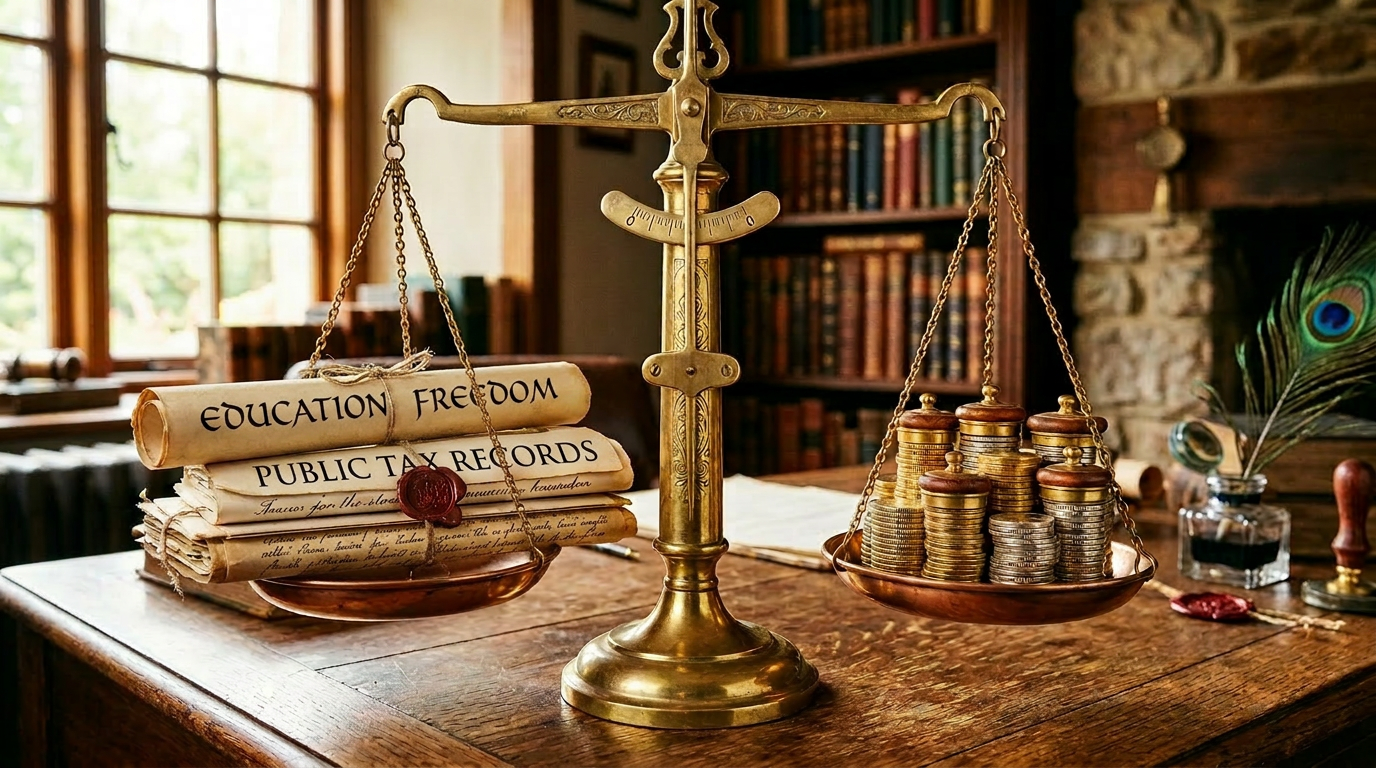 Antique brass balance scale with rolled documents on one side and stacked coins on the other