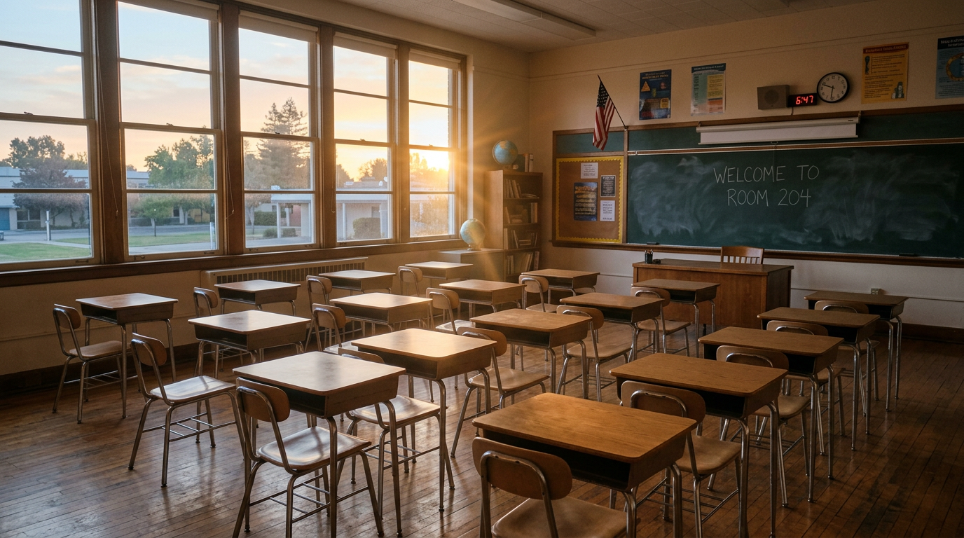 Empty classroom with rows of wooden desks and chairs, sunlight streaming through large windows