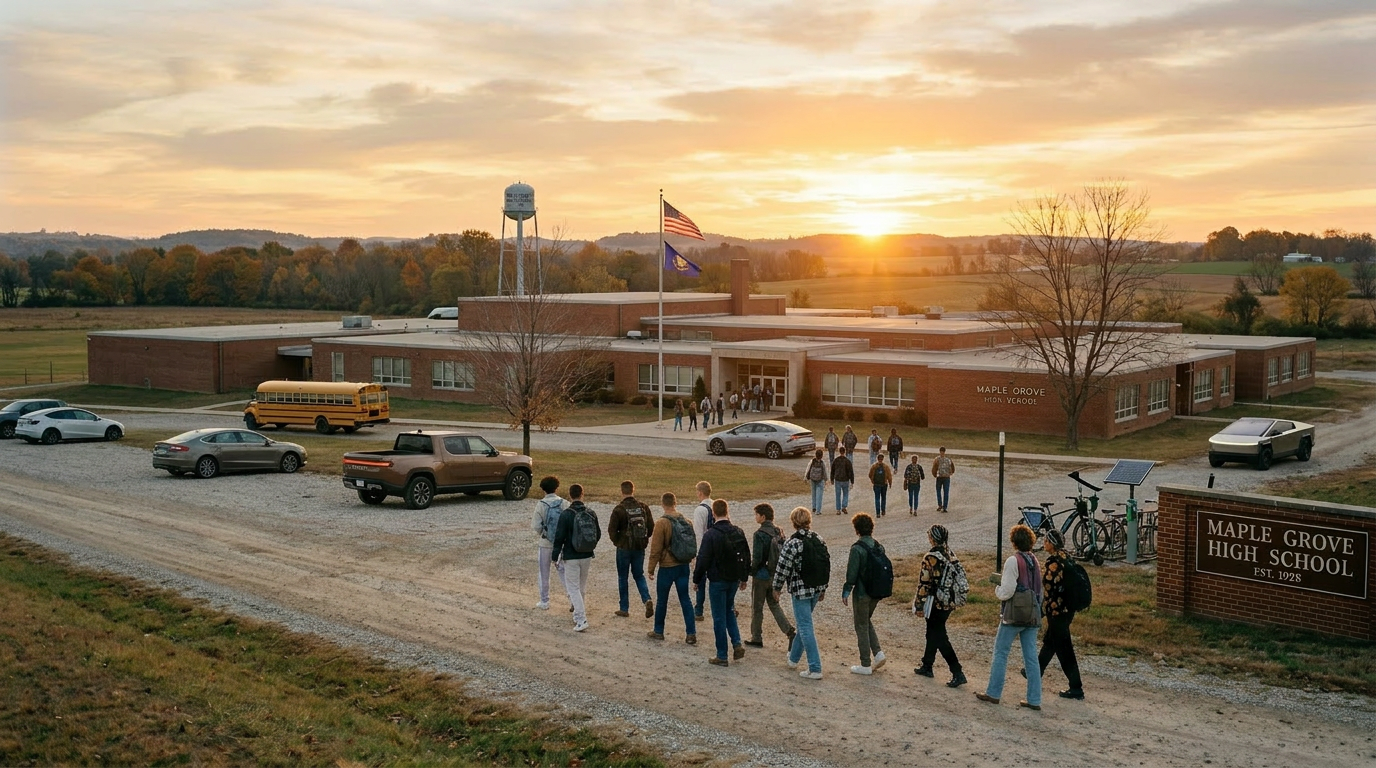 Students walking toward entrance, sunrise rural high school
