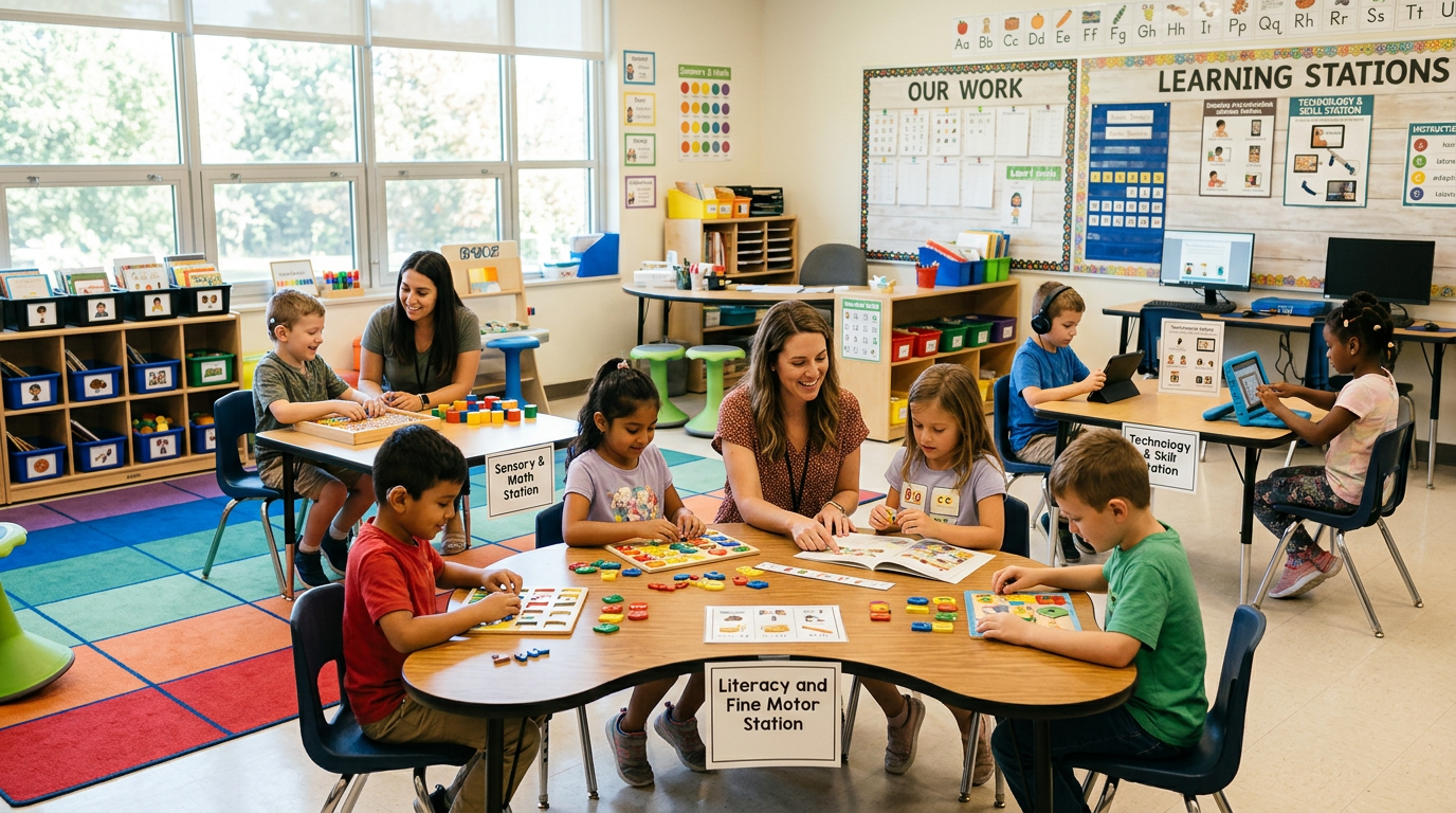 Children and teacher working at learning stations with educational games and tablets in classroom