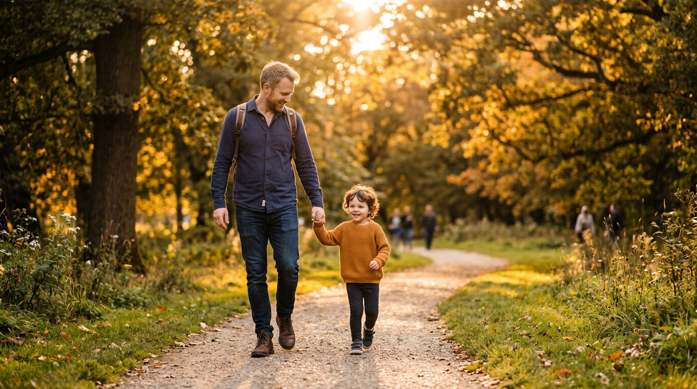Father holding hand of young child walking on park path with autumn foliage
