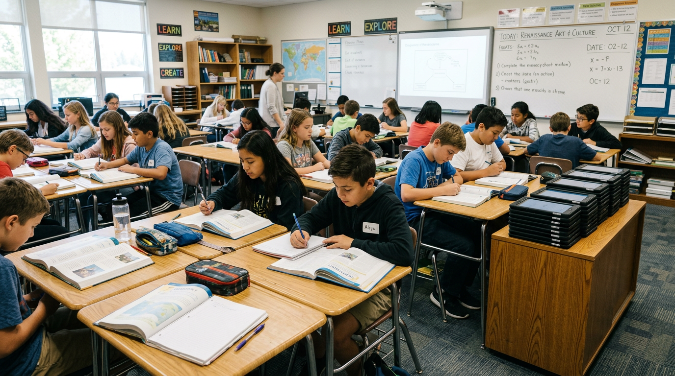 Middle school students writing in workbooks during class with teacher present