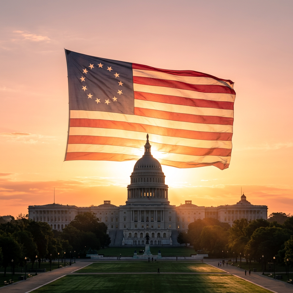 Betsy Ross American flag flying over the U.S. Capitol building at sunset