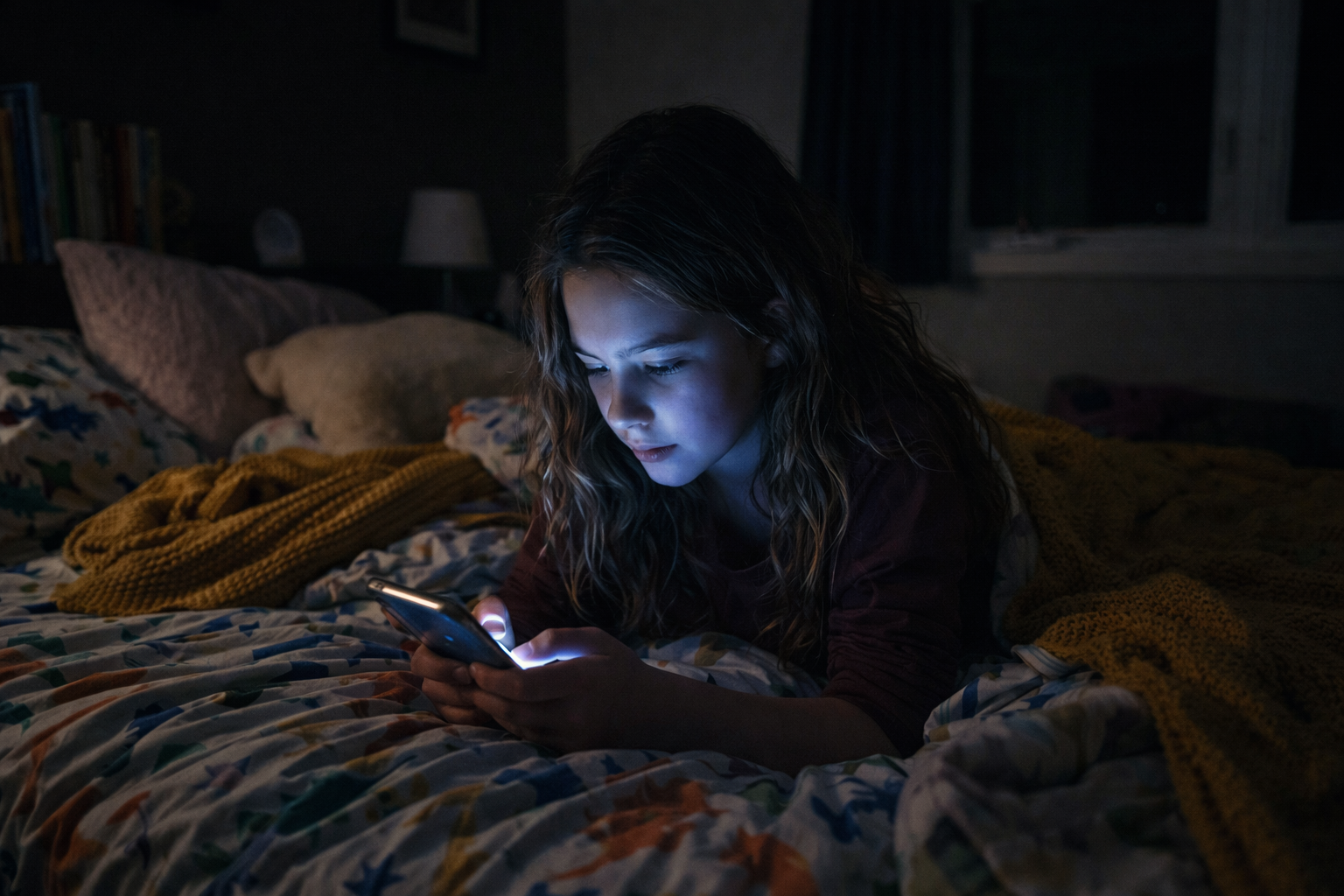 Child lying on bed using smartphone in dark room