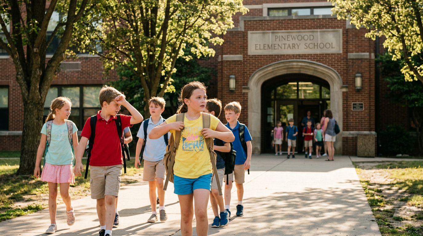Children with backpacks walking outside Pinewood Elementary School
