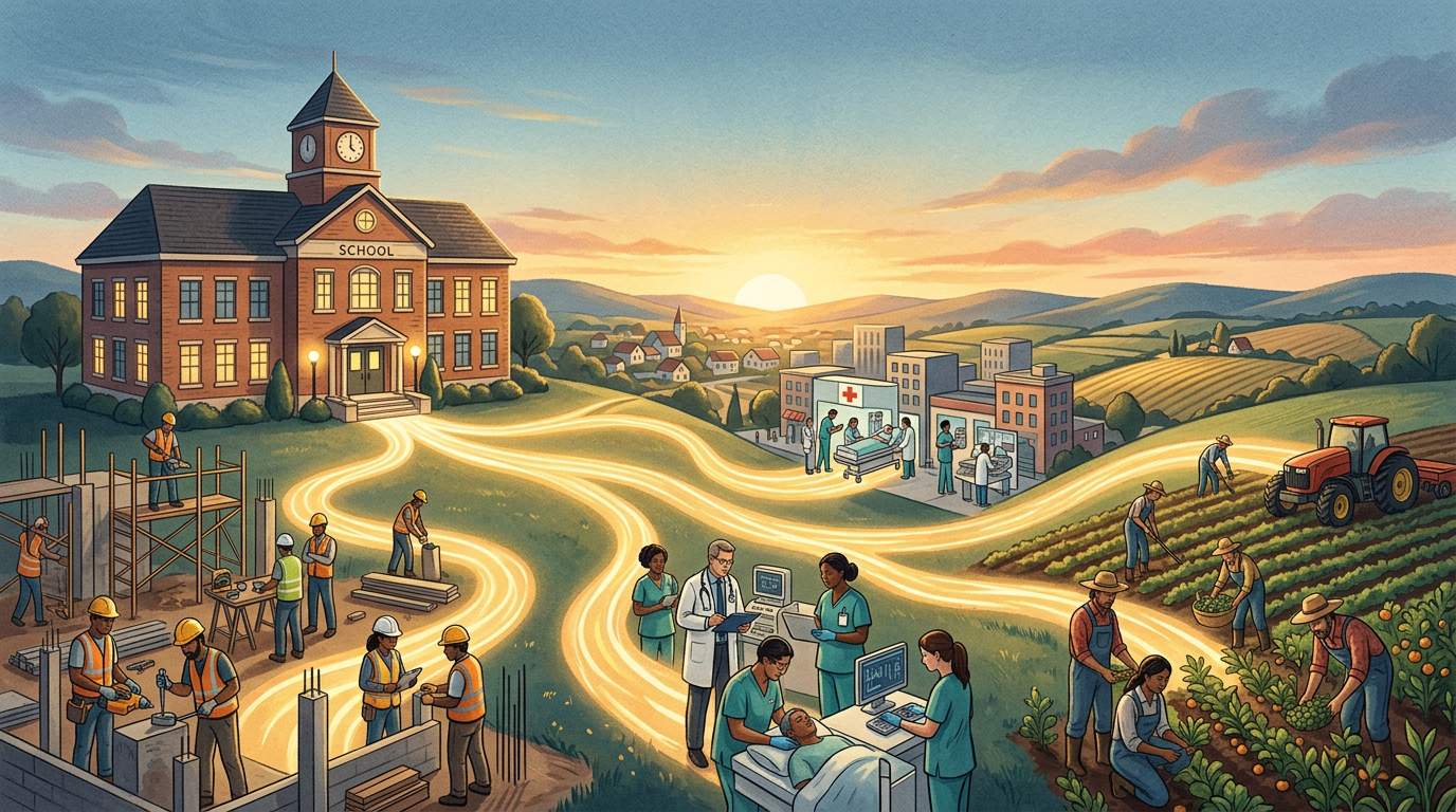School sunrise connected to diverse workers