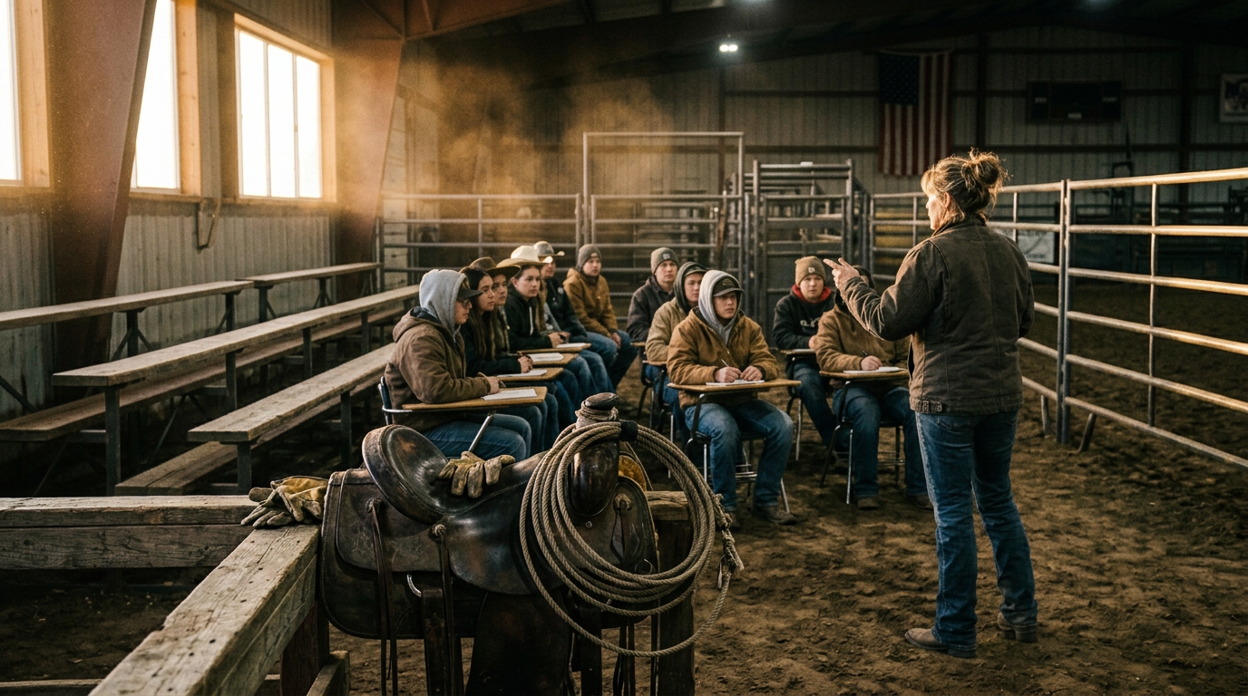 Instructor addressing students beside a saddled horse in an indoor riding arena