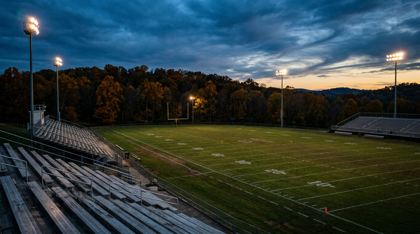 Empty football field and bleachers lit at dusk