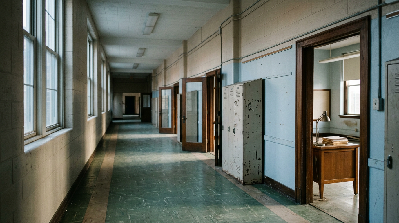 Empty school corridor with open classroom doors and worn lockers