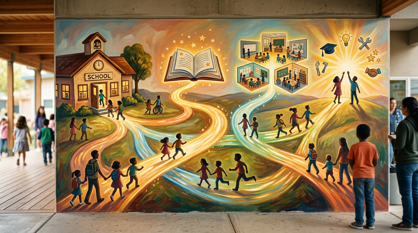 Mural showing children following colorful paths from school toward learning and future opportunities