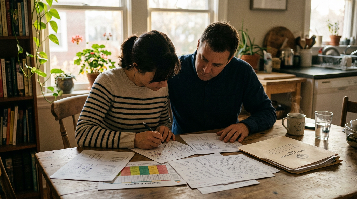 Couple reviewing household bills and budget documents at a kitchen table