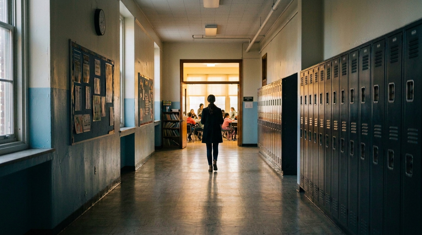 Centered teacher walking toward classroom