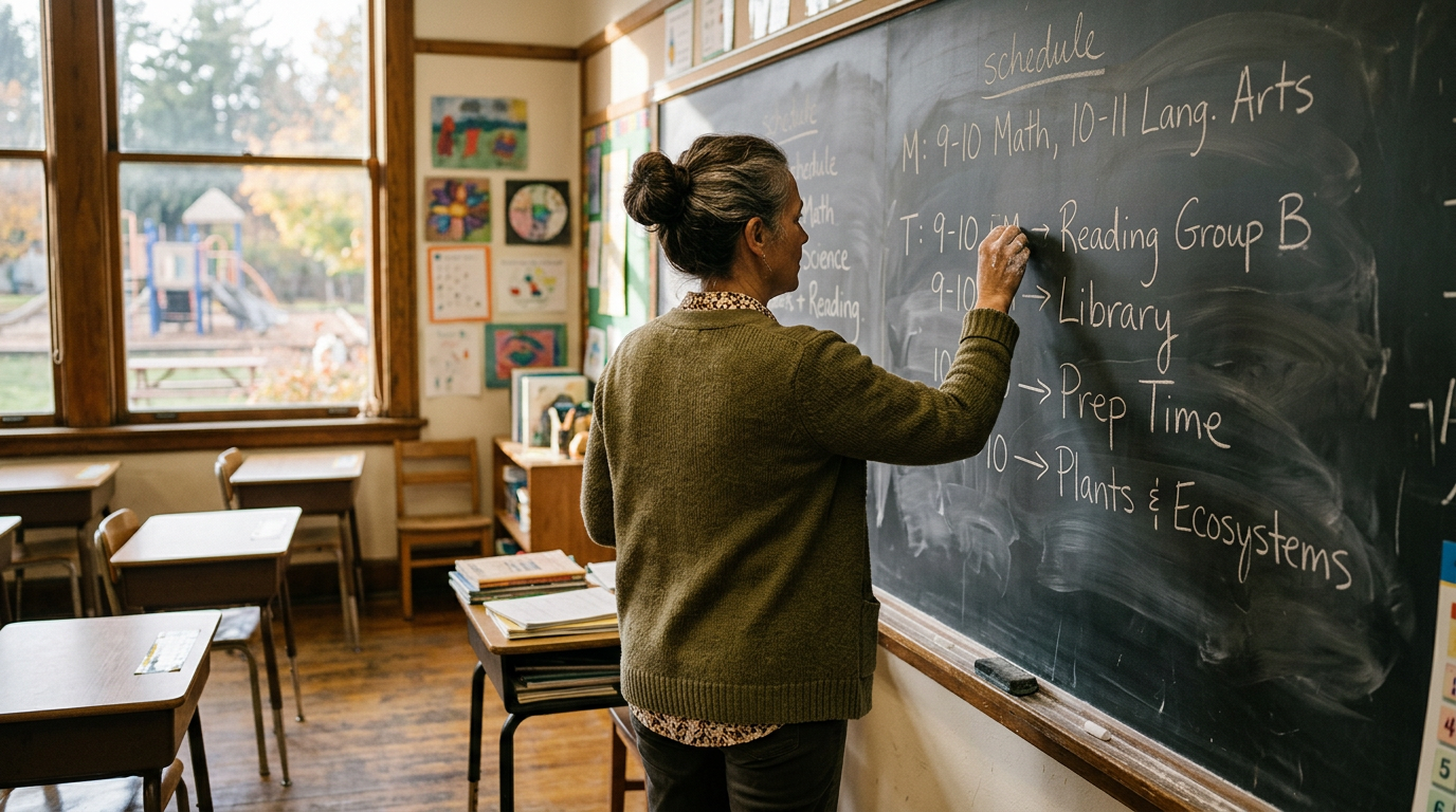 Teacher writing a classroom schedule on a chalkboard