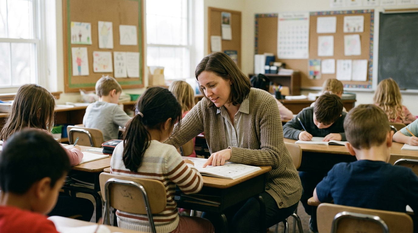 Teacher helping a student with schoolwork in a classroom